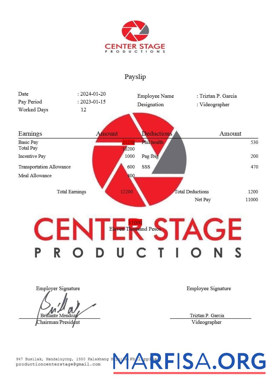 Center Stage Productions payslip предпросмотр