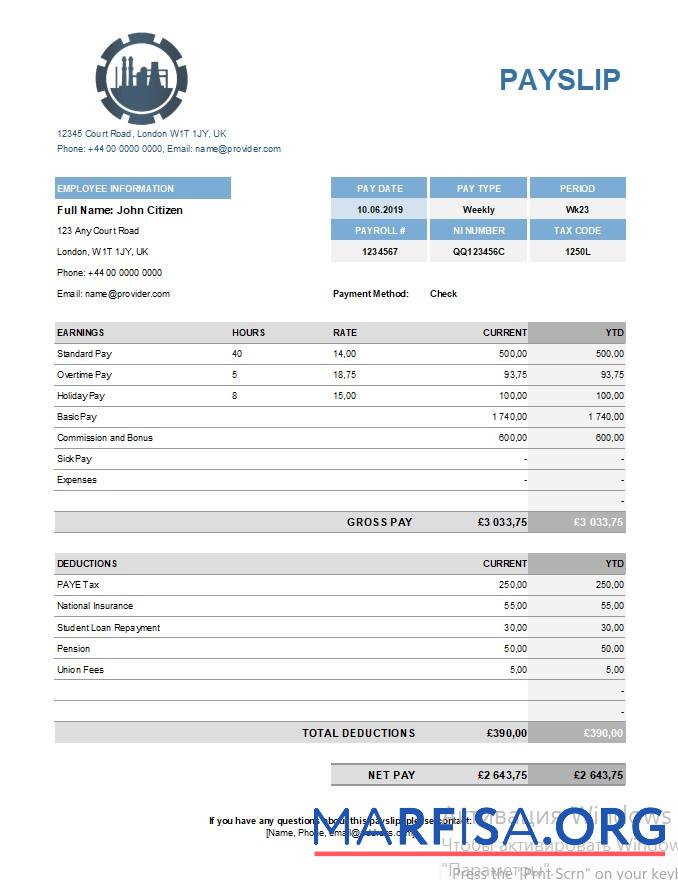 Chemical Компания payslip шаблон