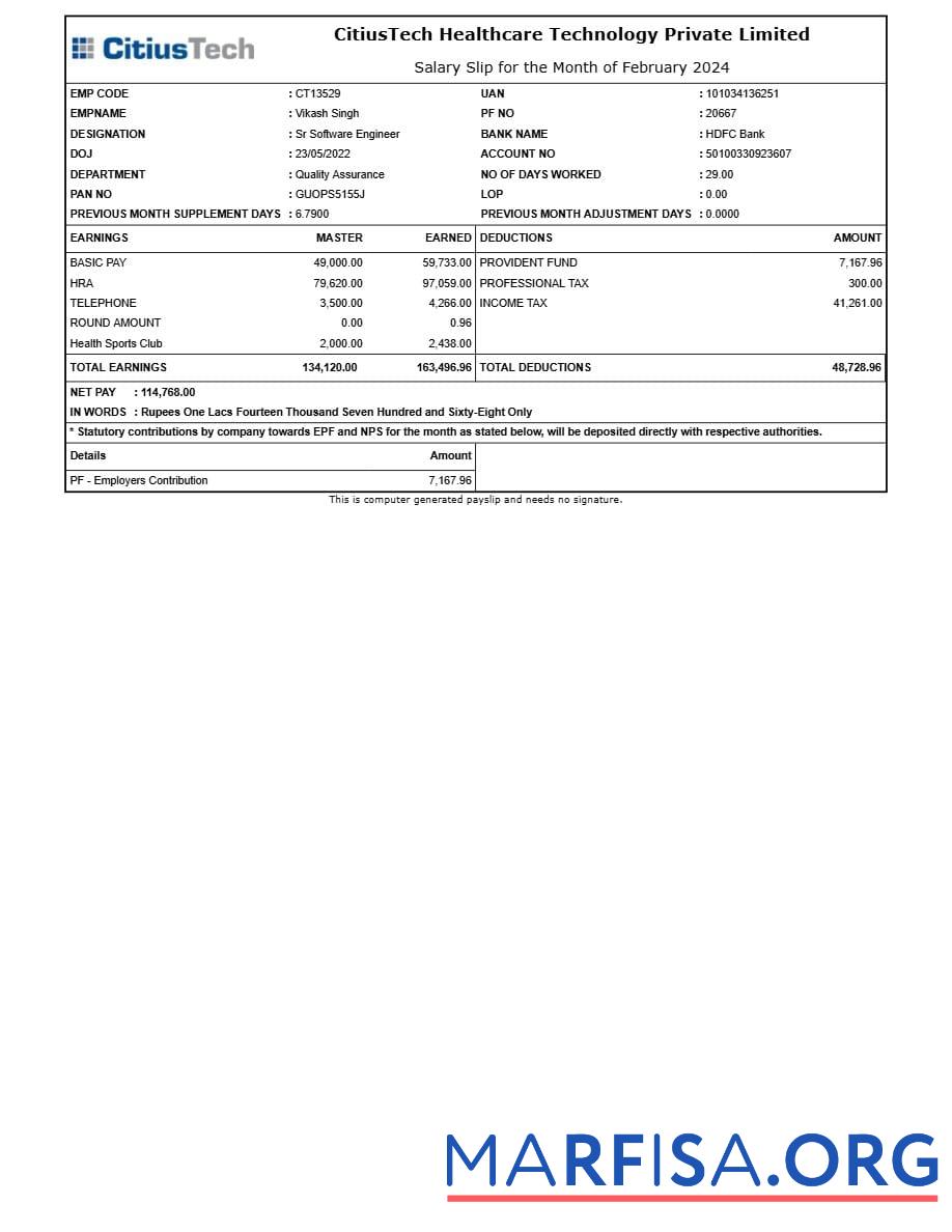 CitiusTech Healthcare Технология payslip макет
