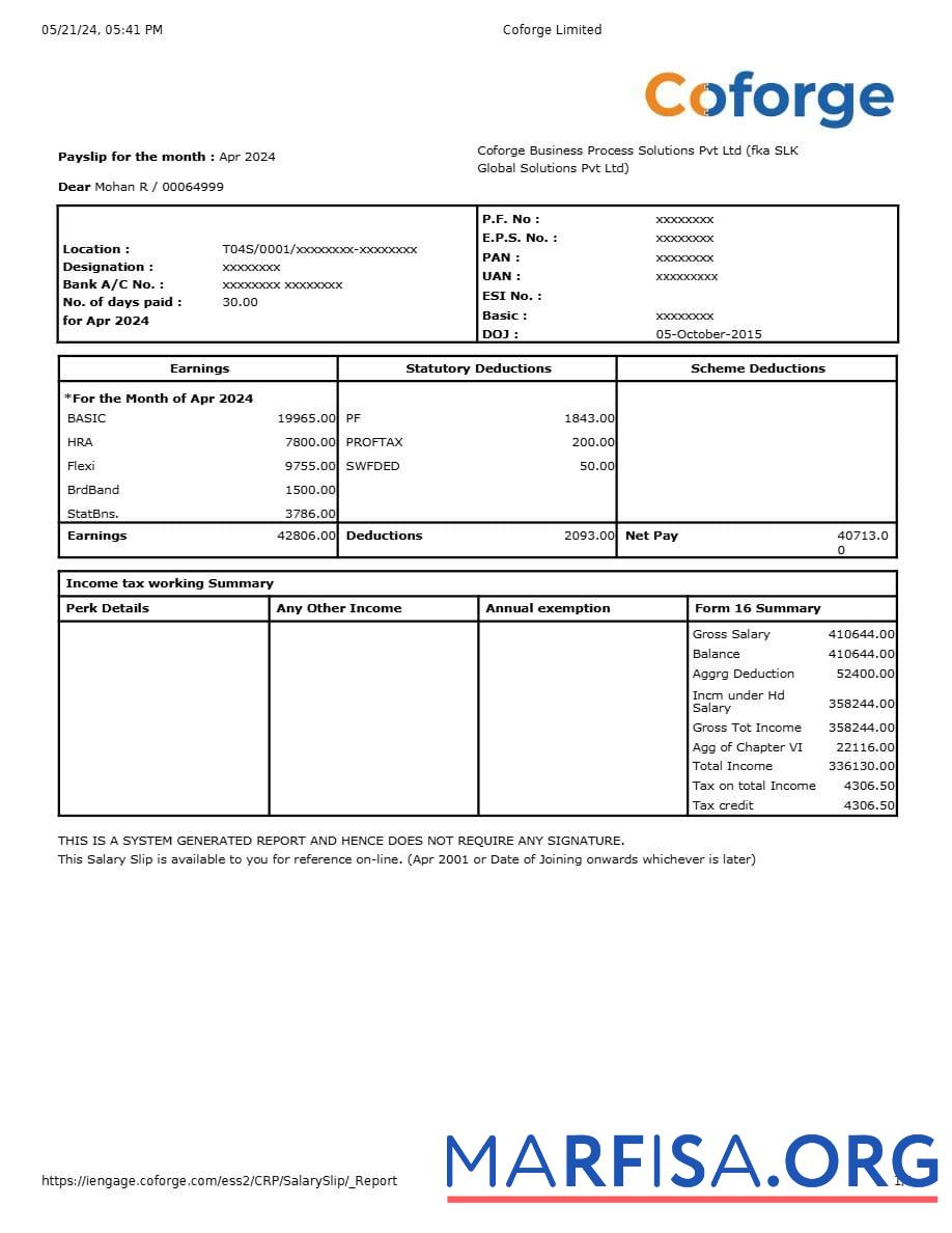 Coforge IT compay payslip предпросмотр