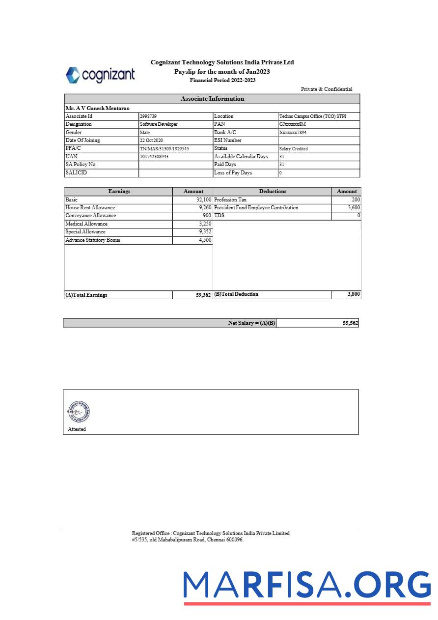 Cognizant Технология Solutions Индия payslip предпросмотр