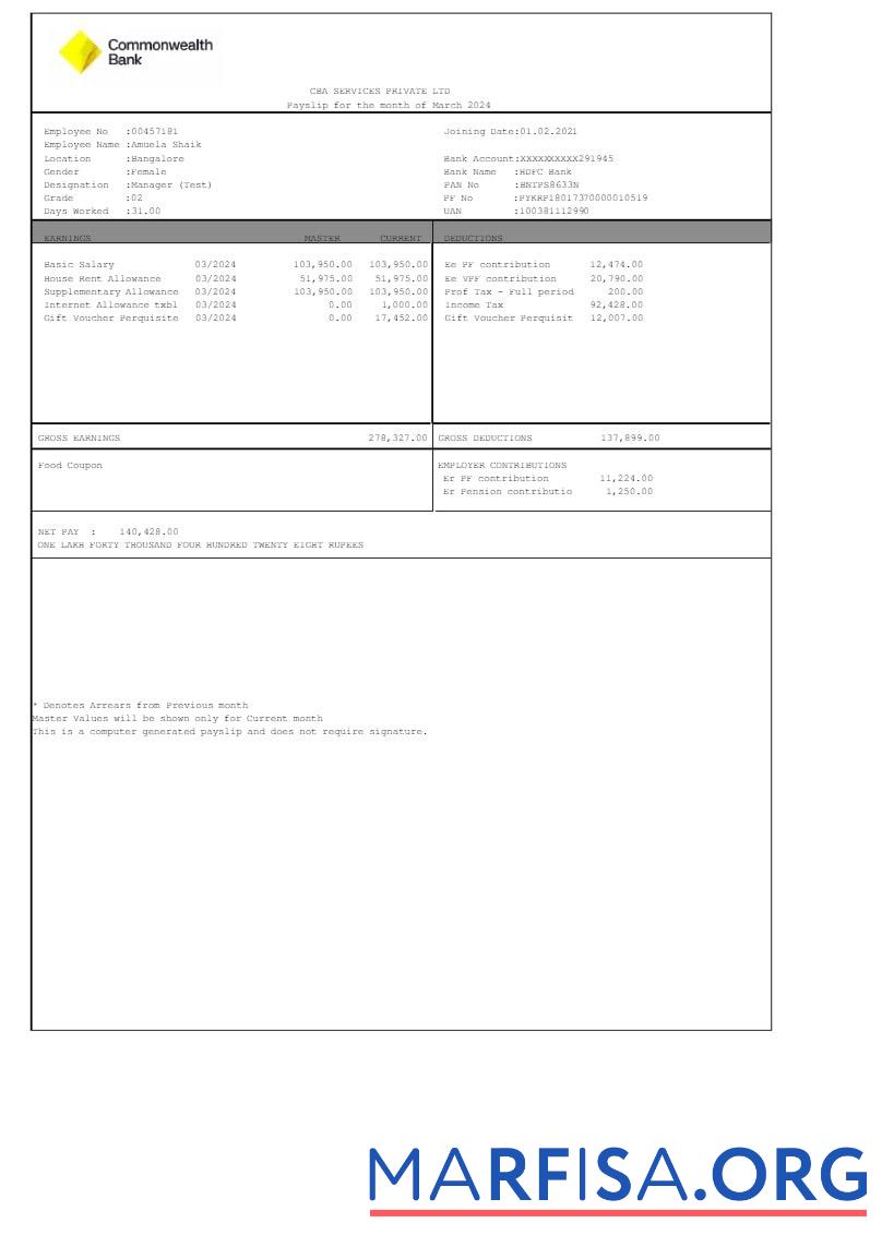 Commonwealth Банковский CBA Services payslip дизайн