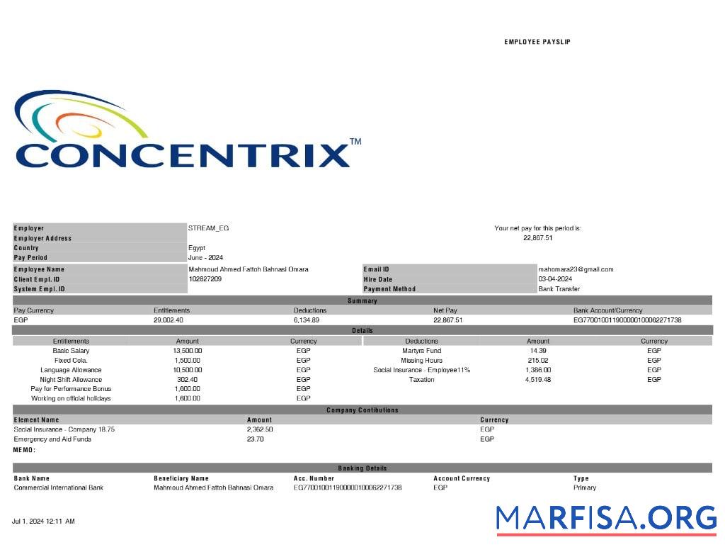 Concentrix payslip макет