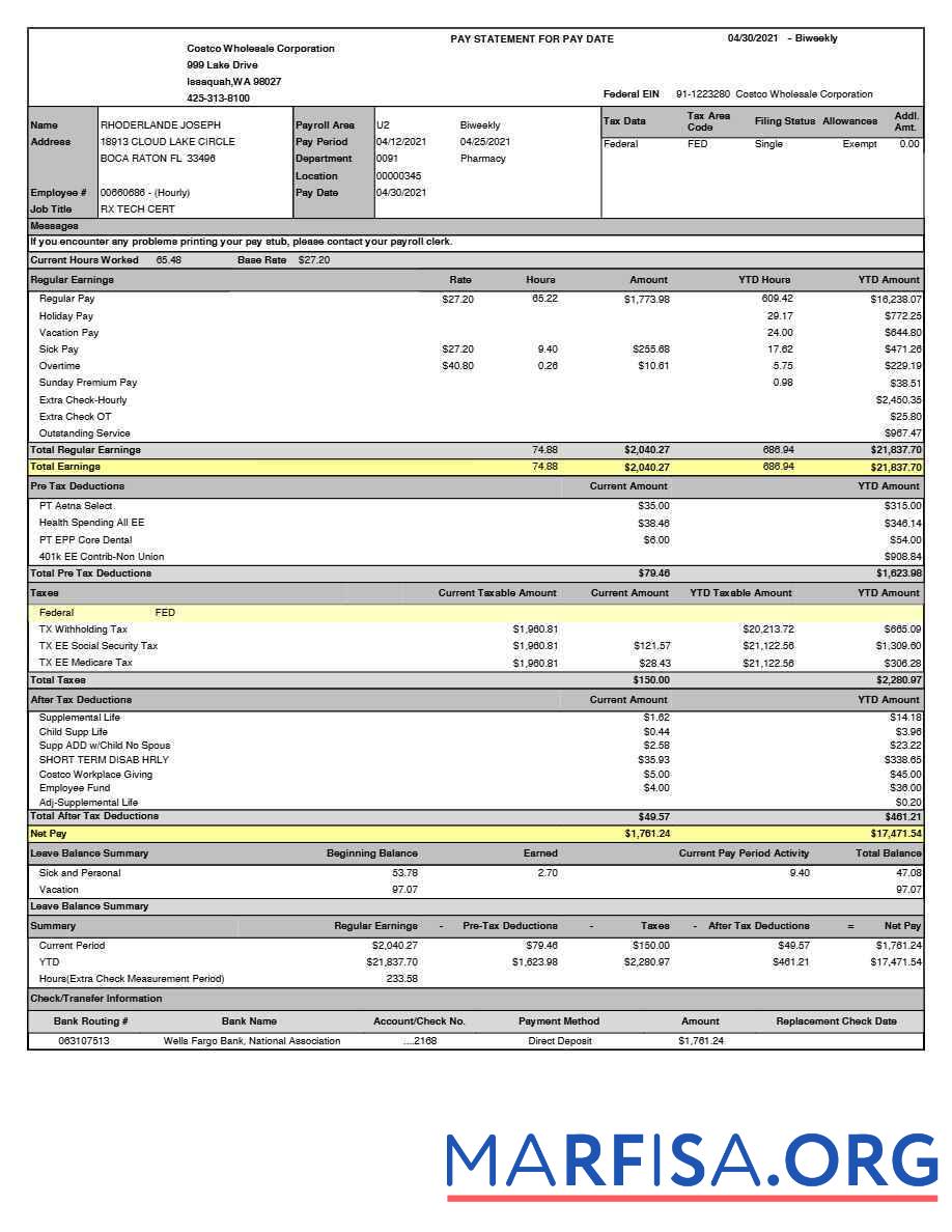 Costco Wholesale Corporation pay Выписка из банка предпросмотр