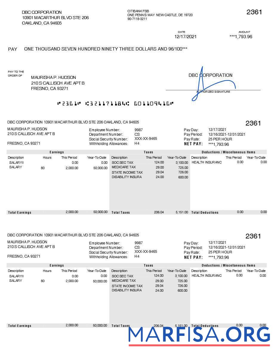 DBC Corporation pay stub предпросмотр