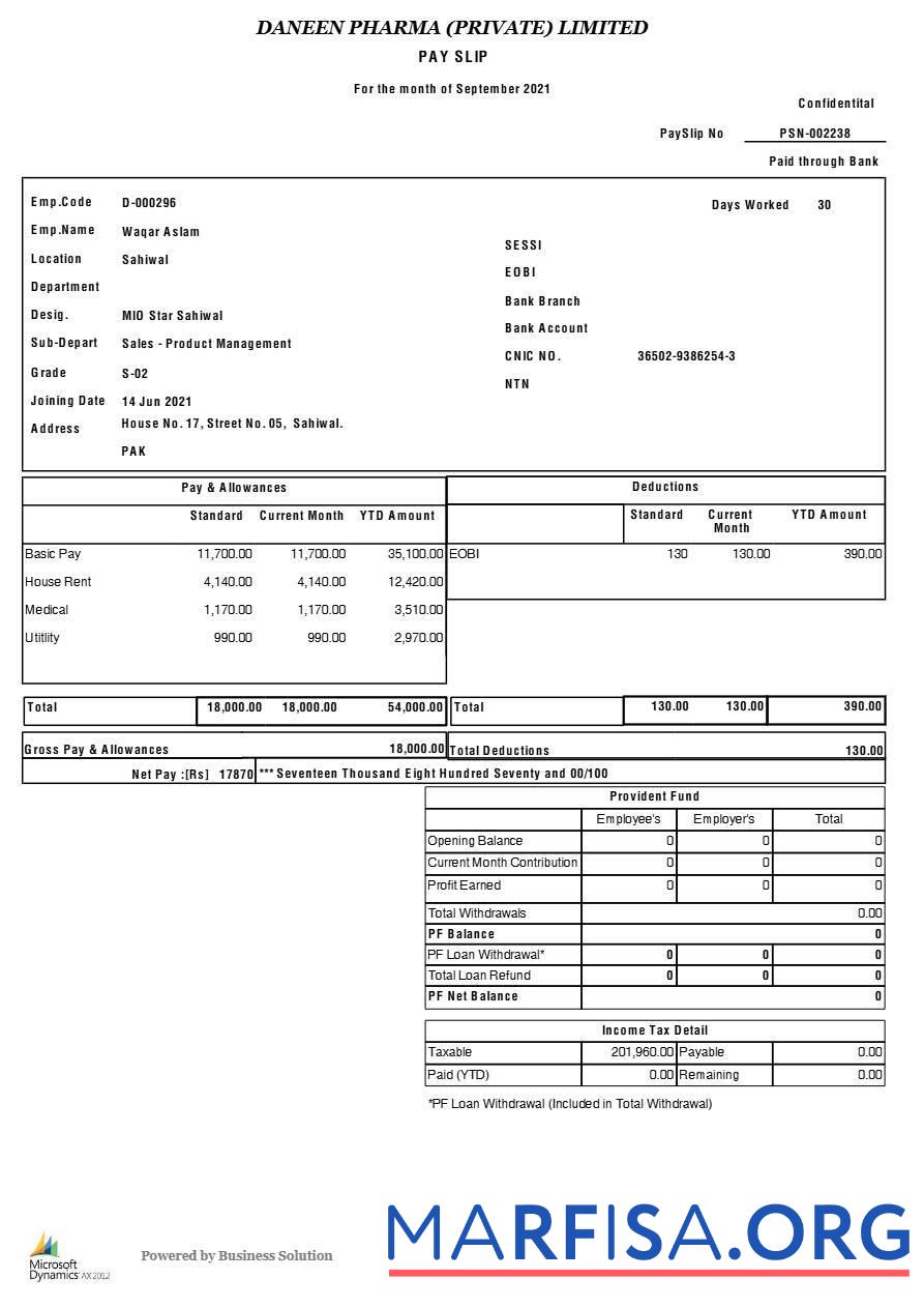 Daneen Pharma payslip предпросмотр