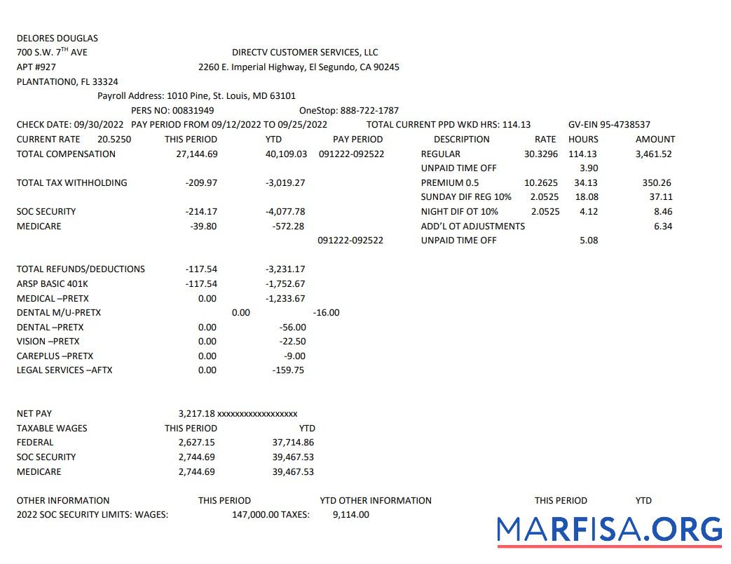 Delores Douglas Paystub шаблон