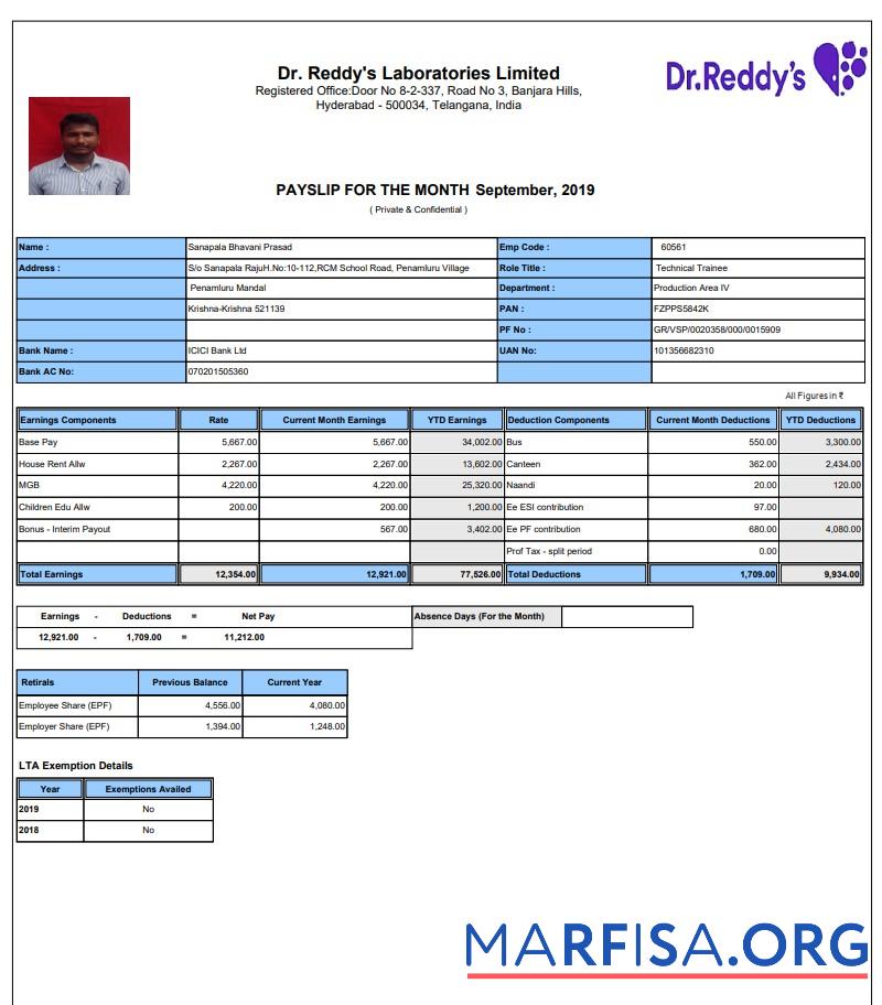 Dr. Reddy's Laboratories Limited pay stub предпросмотр