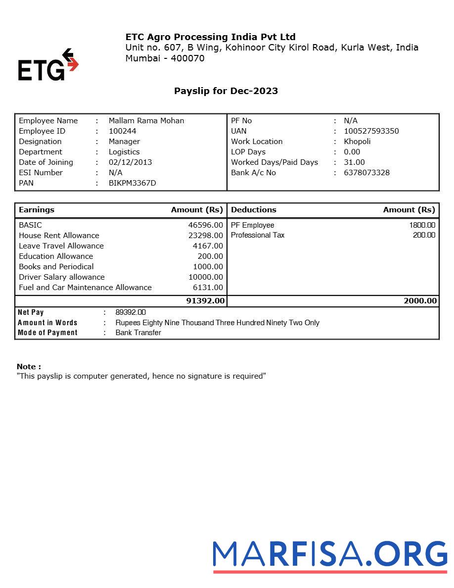 ETC Agro Processing Индия payslip дизайн