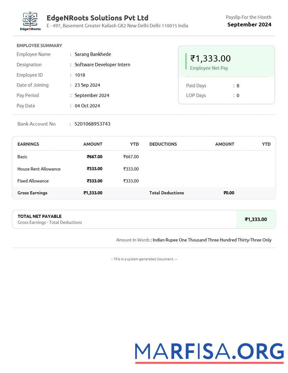 EdgeNRoots Solutions payslip предпросмотр