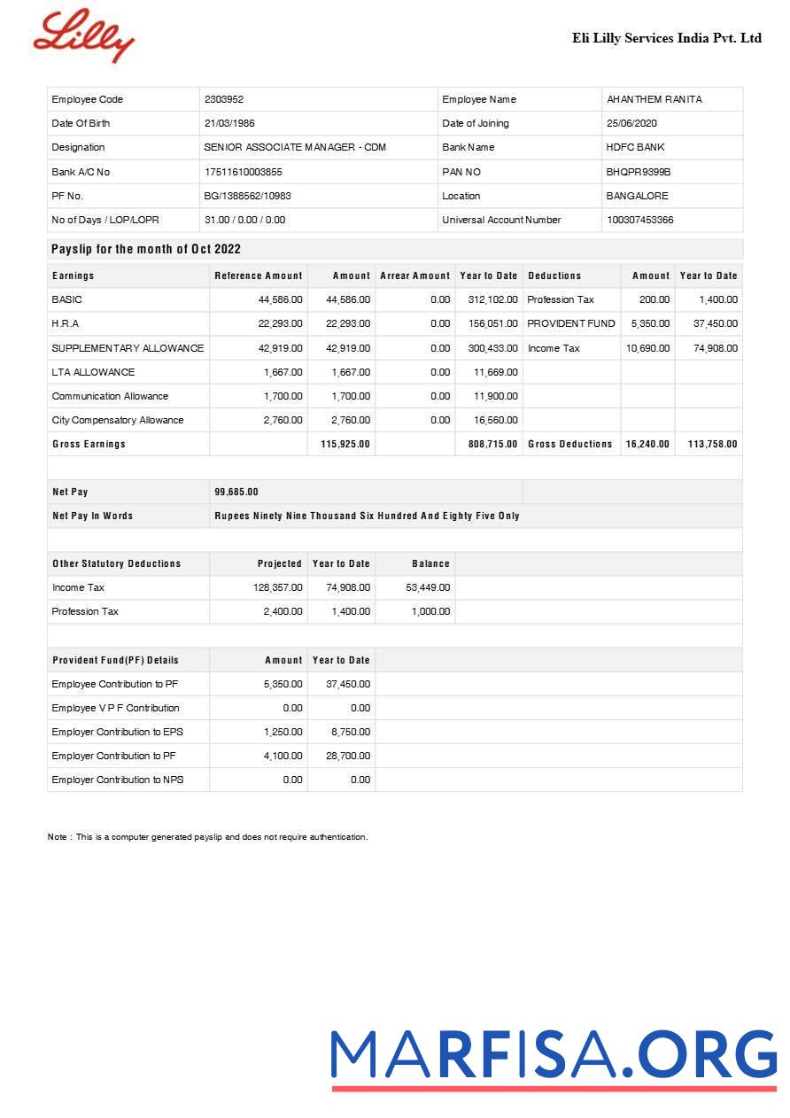 Eli Lilly Services Индия pharmaceutical Компания payslip предпросмотр