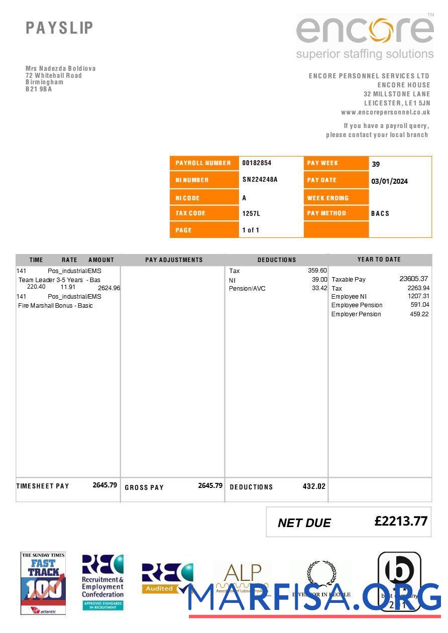 Encore Personnel Services (recruitment) payslip предпросмотр