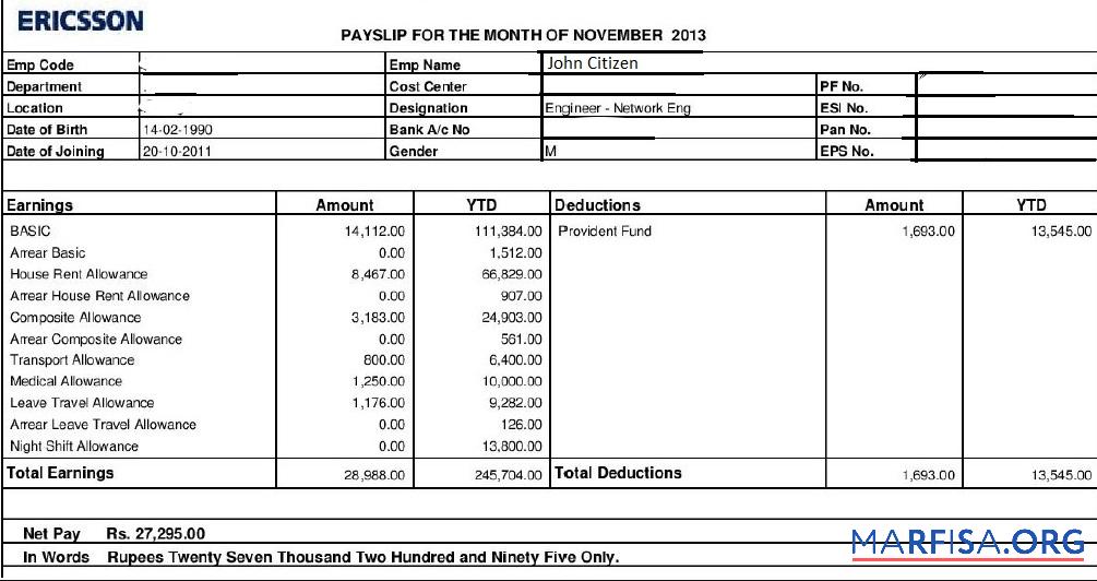Ericsson networking and telecommunications Компания paystub образец