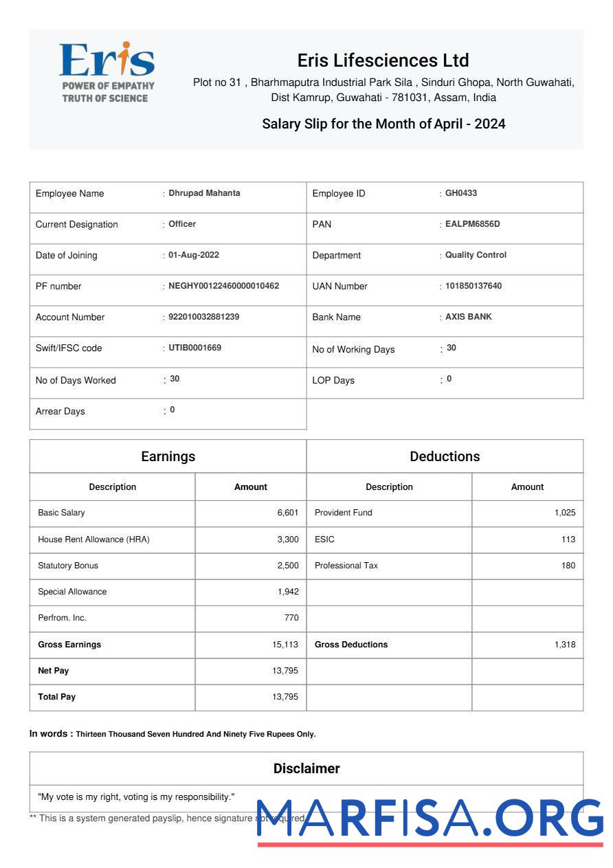 Eris Lifesciences salary slip образец