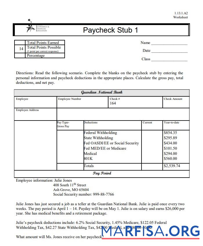 Family Economics & Financial Education paycheck stub шаблон