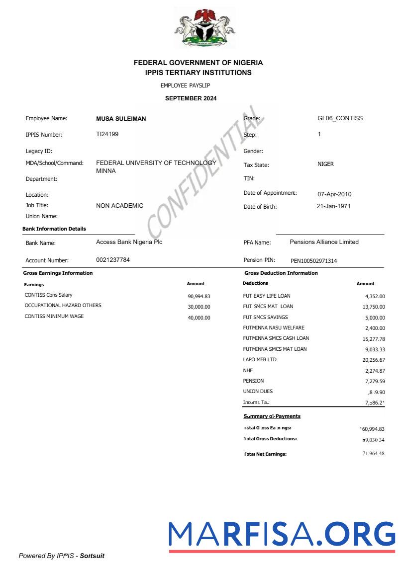 Federal Government of Нигерия employee payslip шаблон