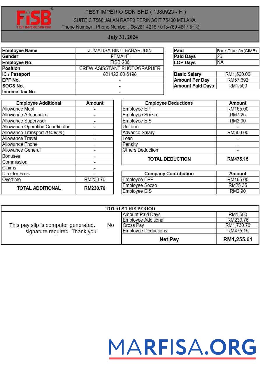 Fest Imperio payslip дизайн