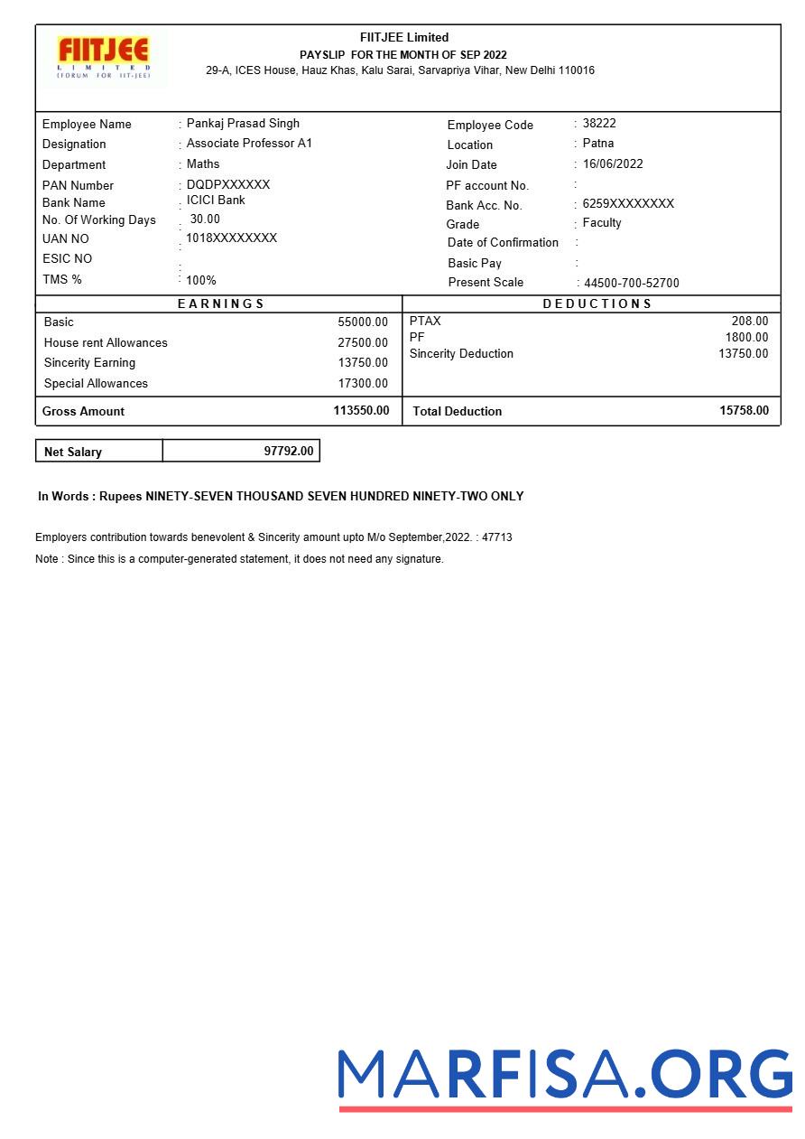 Fiitjee education center payslip дизайн