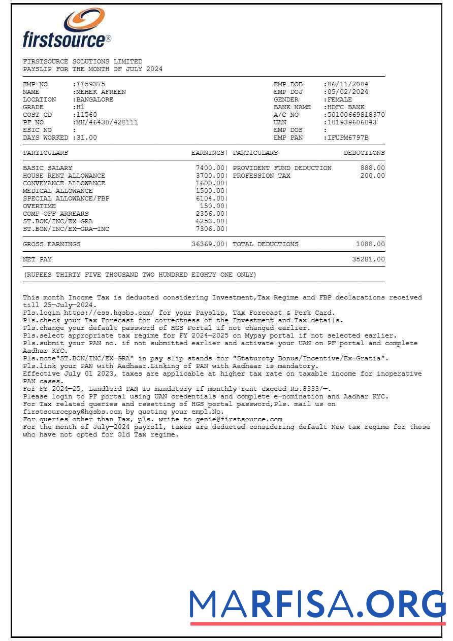 Firstsource Solutions payslip образец