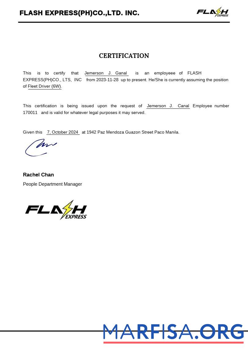 Flash Express Co. payslip образец