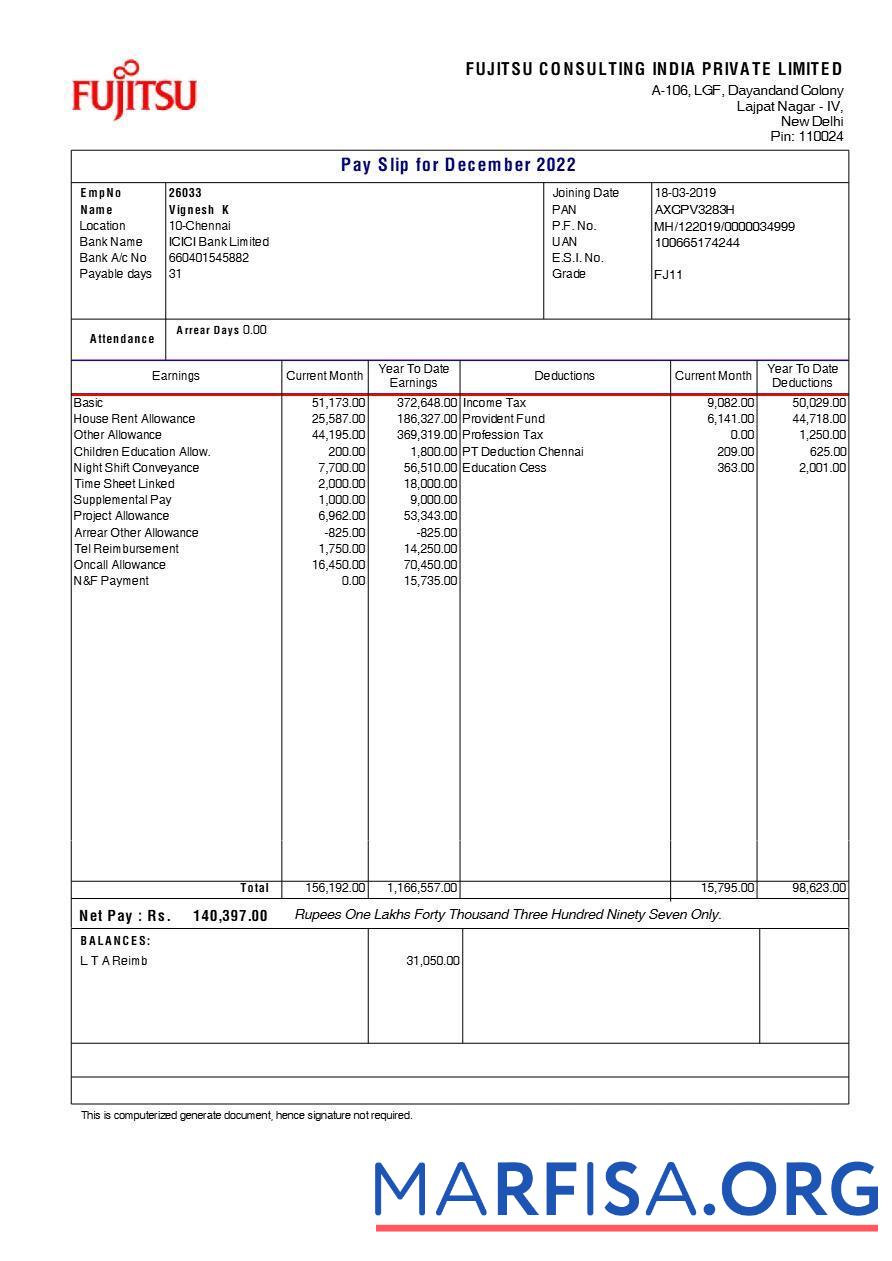 Fujitsu Consulting Индия payslip предпросмотр