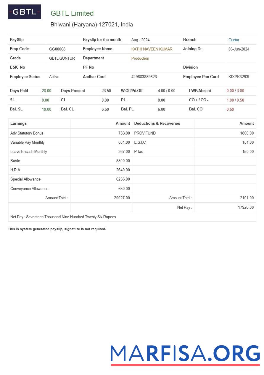 GBTL Limited текстиль Компания payslip дизайн