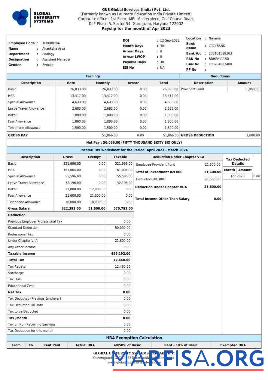 GUS Global Services Индия payslip образец