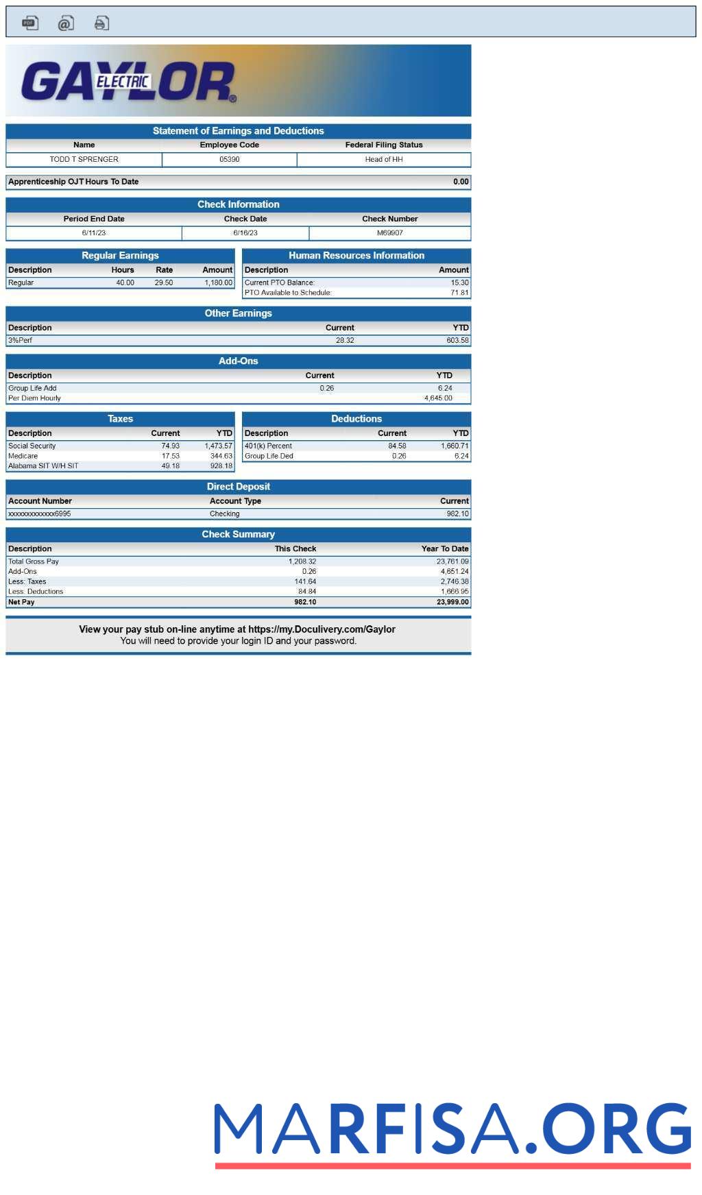 Gaylor Electric Выписка из банка of earnings and deductions pay stub предпросмотр