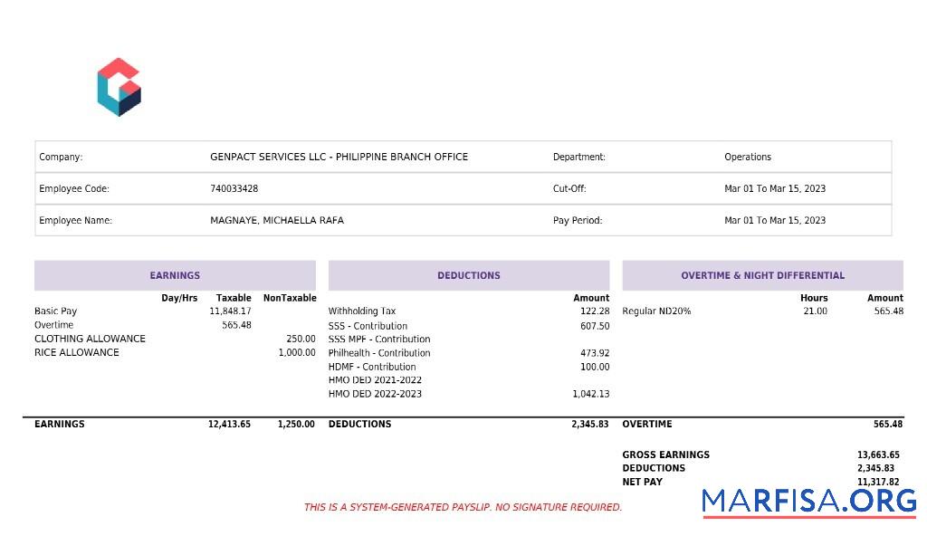 Genpact Services artificial intelligence payslip макет