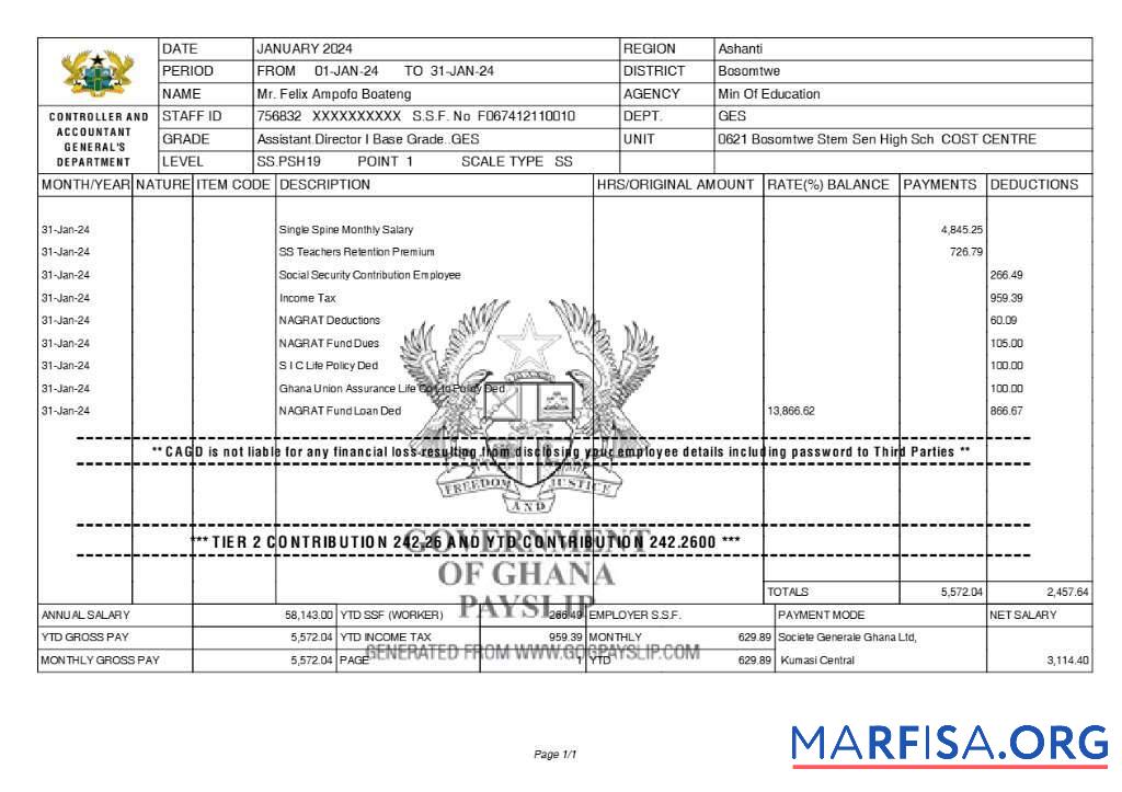 Гана Controller and Accountant General's Department payslip образец