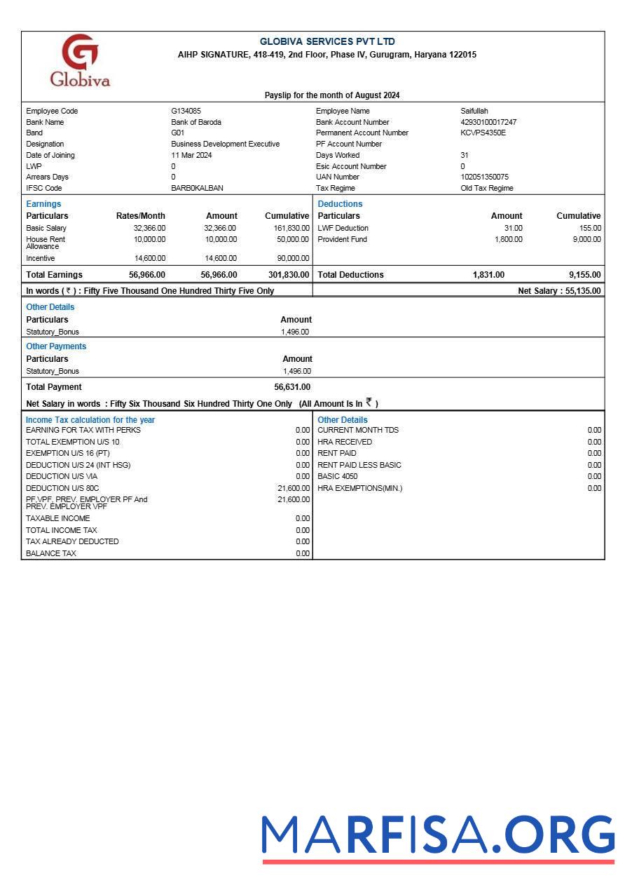 Globiva Services payslip шаблон