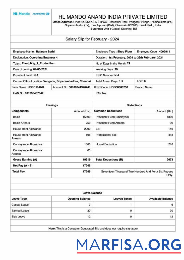 HL Mando Anand Индия manufacturer salary slip дизайн