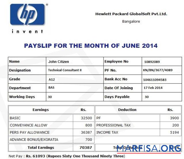 HP Hewlett Packard GlobalSoft Pvt.Ltd payslip макет