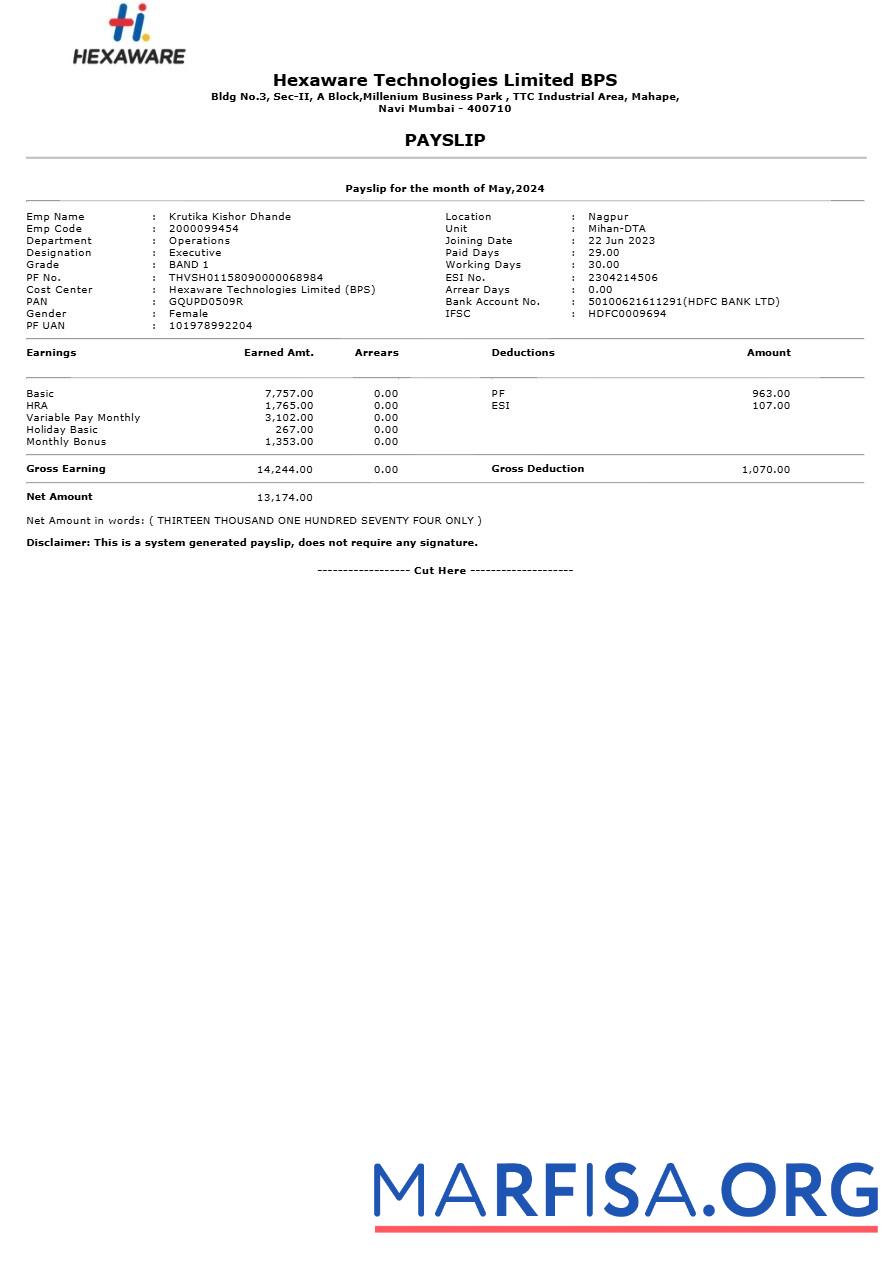 Hexaware Technologies payslip шаблон