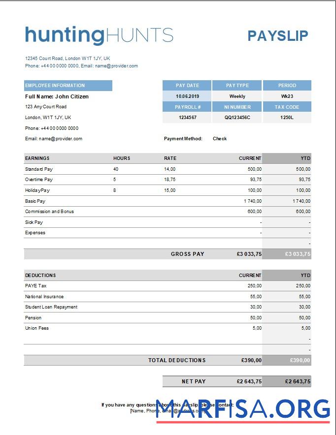 Hunting Компания paystub макет