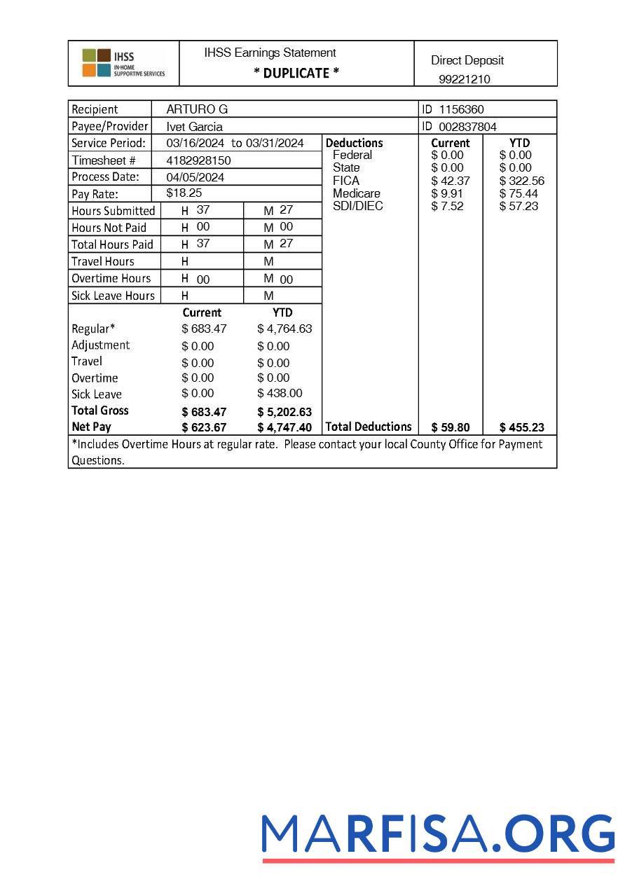 IHSS In Home Supportive Services earnings Выписка из банка предпросмотр