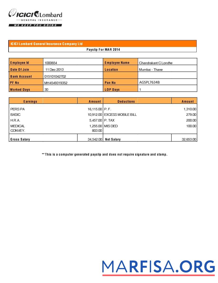Icici Lombard General Страхование Компания payslip макет