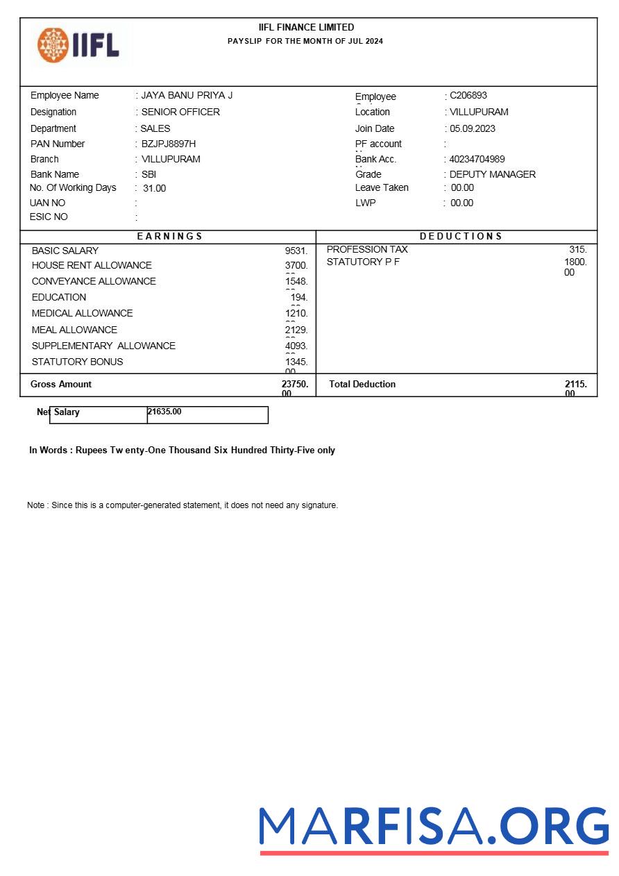 Iifl Финансы payslip образец