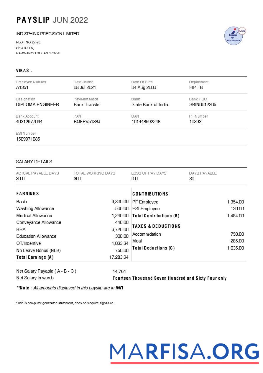 Ind Sphinx Precision (Инструмент manufacturer) payslip образец