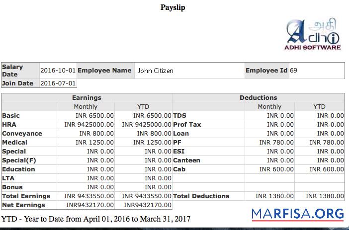 Индия ADHI Программное обеспечение Компания payslip шаблон