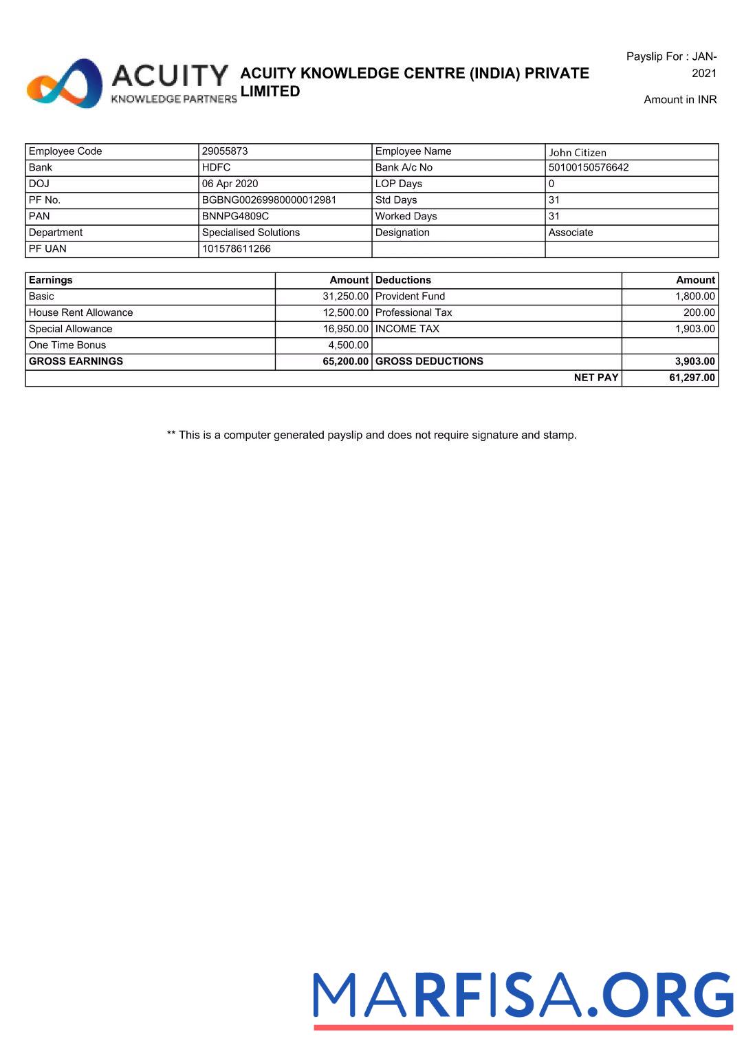 Индия Acuity Knowledge Centre Private Limited payslip шаблон