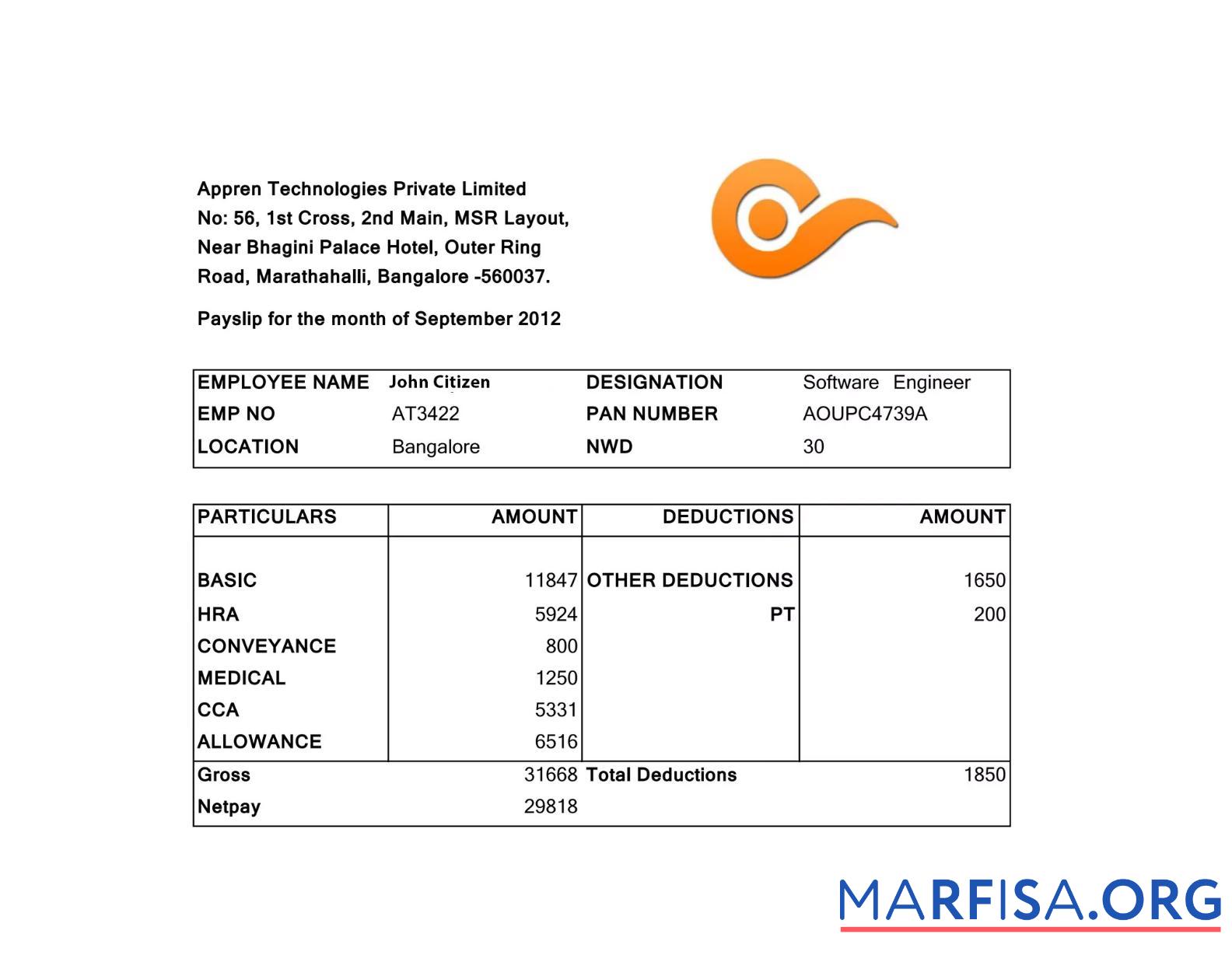 Индия Appren Technologies Private Limited payslip дизайн