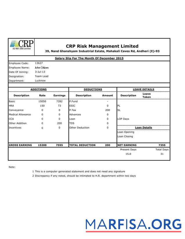 Индия CRP Risk Management Limited salary slip предпросмотр