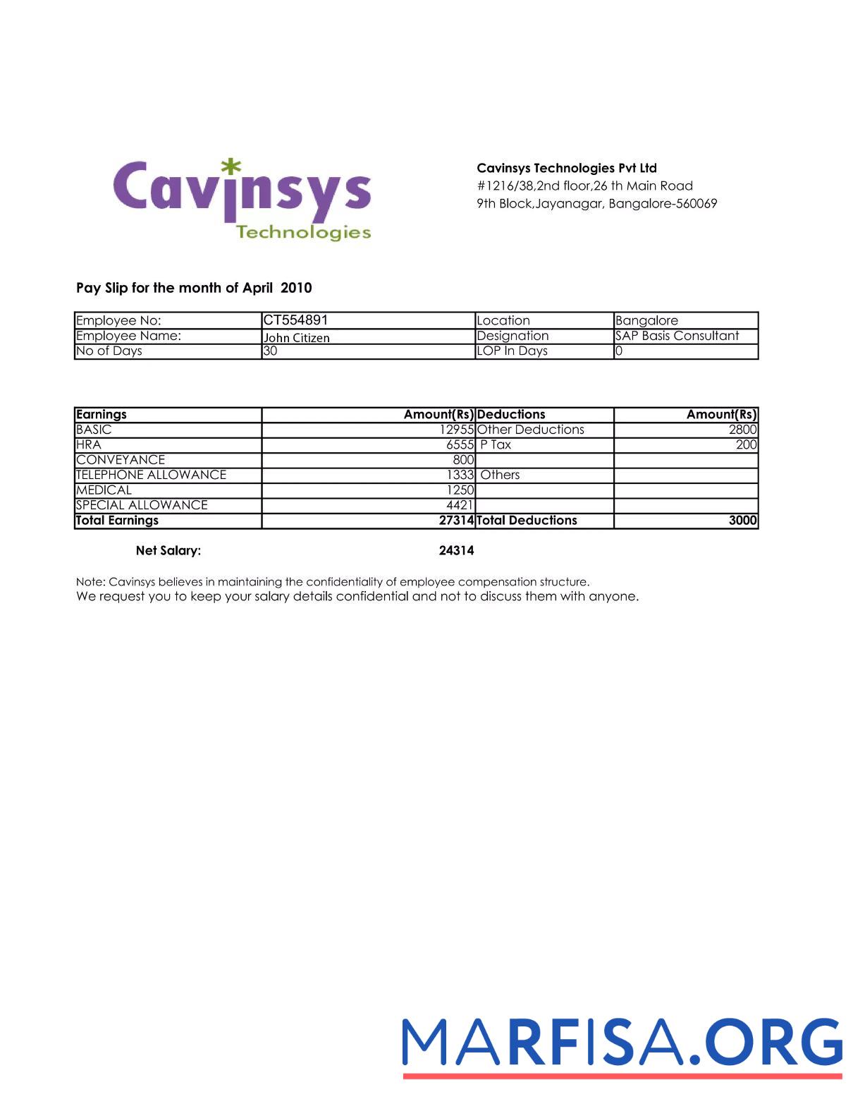 Индия Cavinsys Technologies Pvt Ltd payslip образец