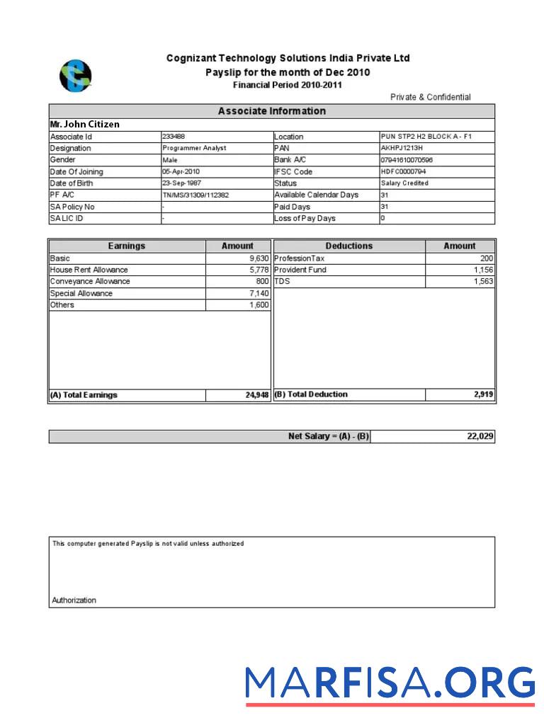Индия Cognizant Технология Solutions Индия Private Ltd payslip предпросмотр
