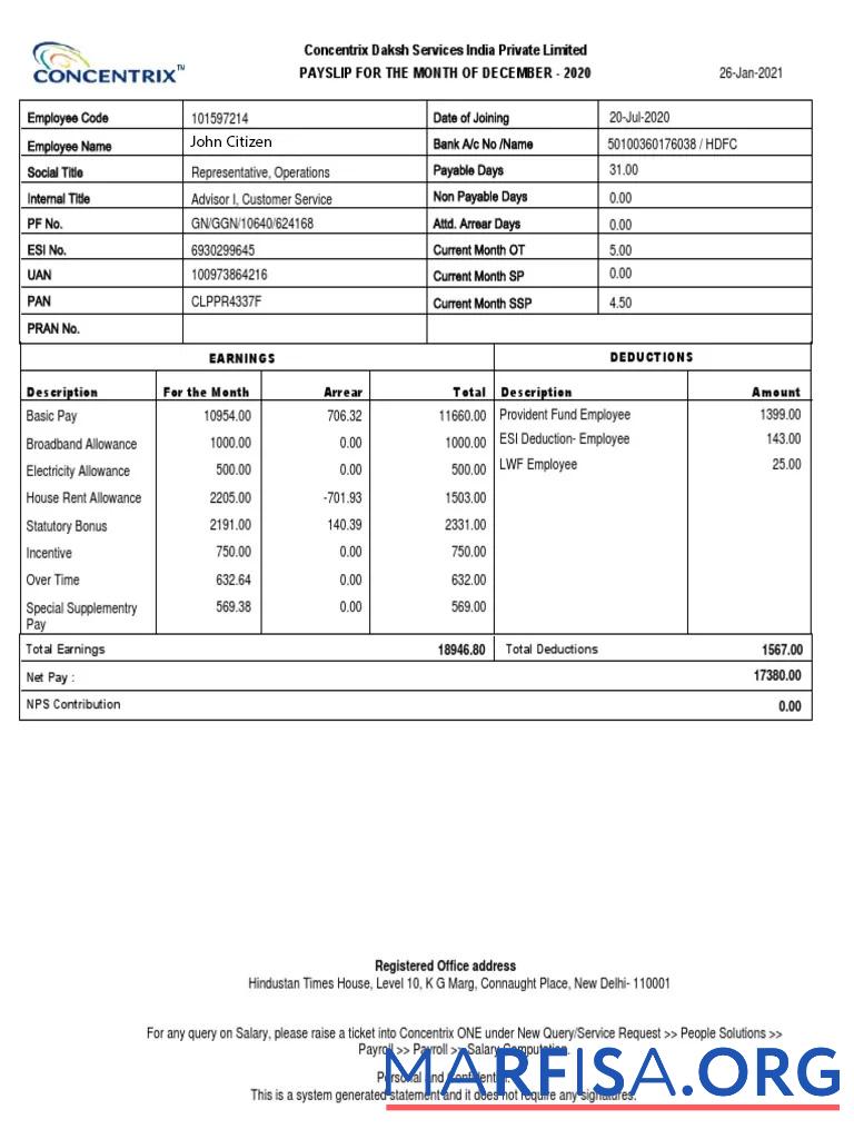 Индия Concentrix Daksh Services Индия private Limited payslip дизайн