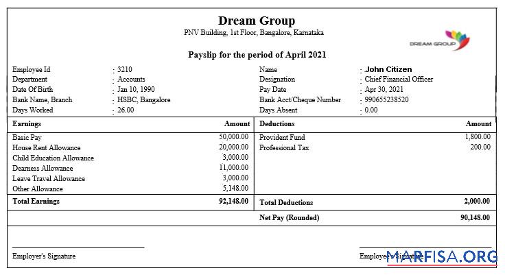 Индия Dream group payslip предпросмотр