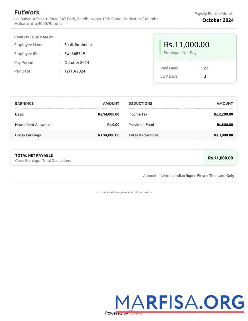 Индия FutWork E commerce Услуга Компания payslip образец