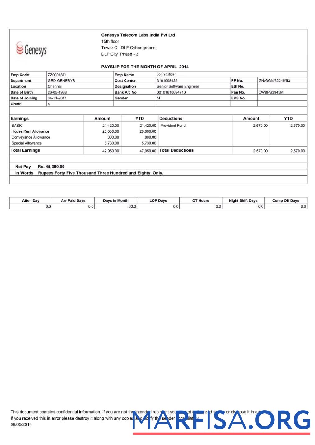 Индия Genesys Telecom Labs Индия Pvt Ltd payslip предпросмотр