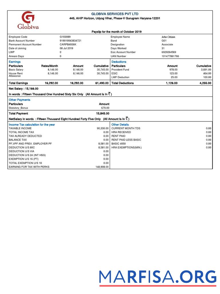 Индия Globiva Services PVT LTD payslip шаблон